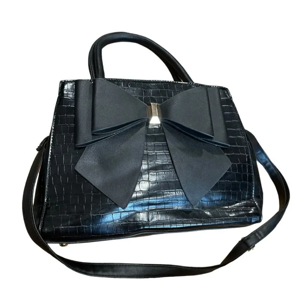 Grossi Croc Crocodile Embossed Satchel Handbag Purse with Large Bow